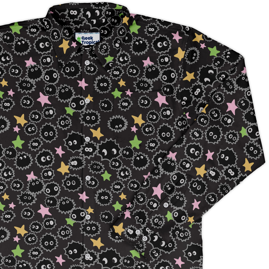 Sootsprites Anime Long Sleeve Button Up Shirt Geek Nerd adult sizing Anime Design by Heather Davenport