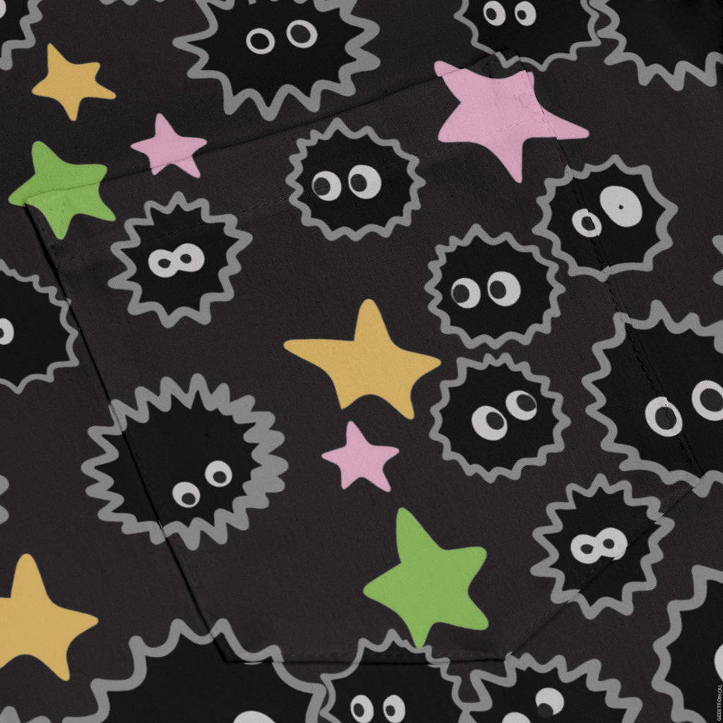 Sootsprites Anime Long Sleeve Button Up Shirt Geek Nerd adult sizing Anime Design by Heather Davenport