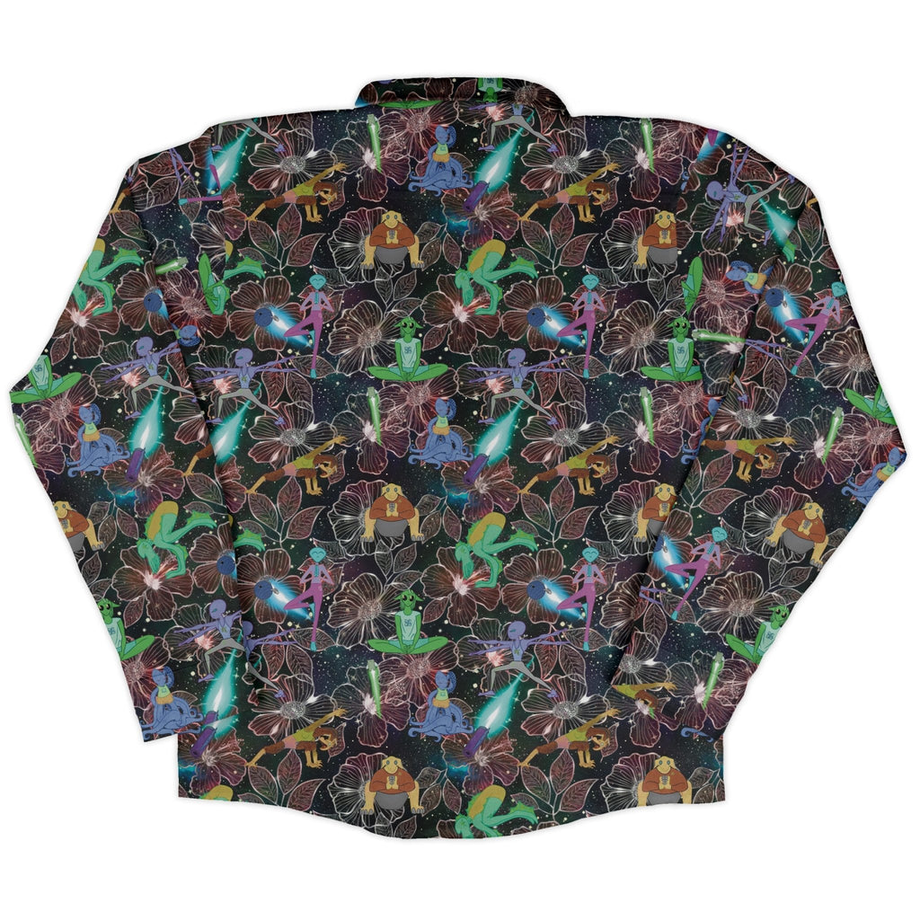Space Alien Yoga Red Long Sleeve Button Up Shirt Geek Nerd adult sizing Designs by Nathan FLOW DESC WRITING