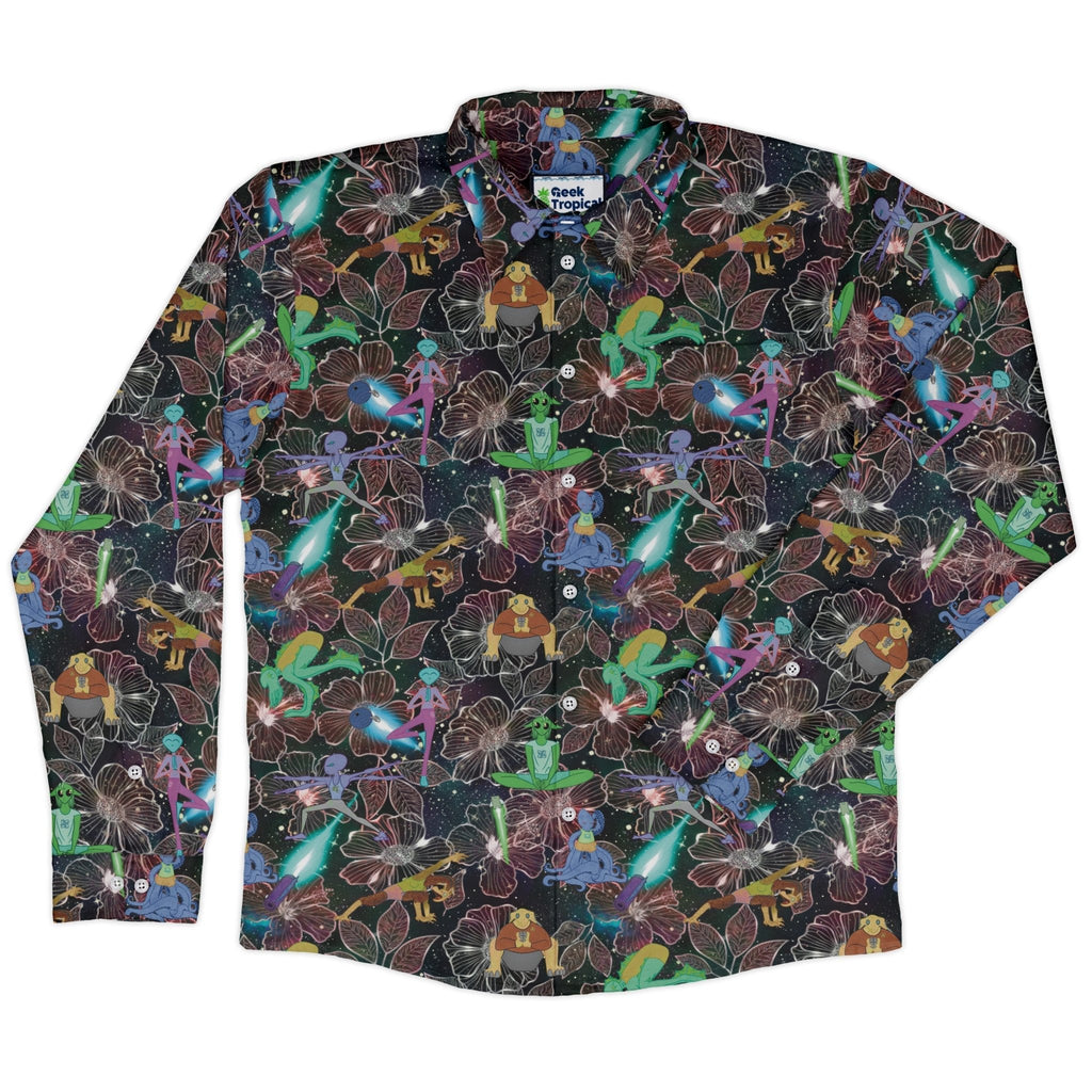 Space Alien Yoga Red Long Sleeve Button Up Shirt Geek Nerd adult sizing Designs by Nathan FLOW DESC WRITING