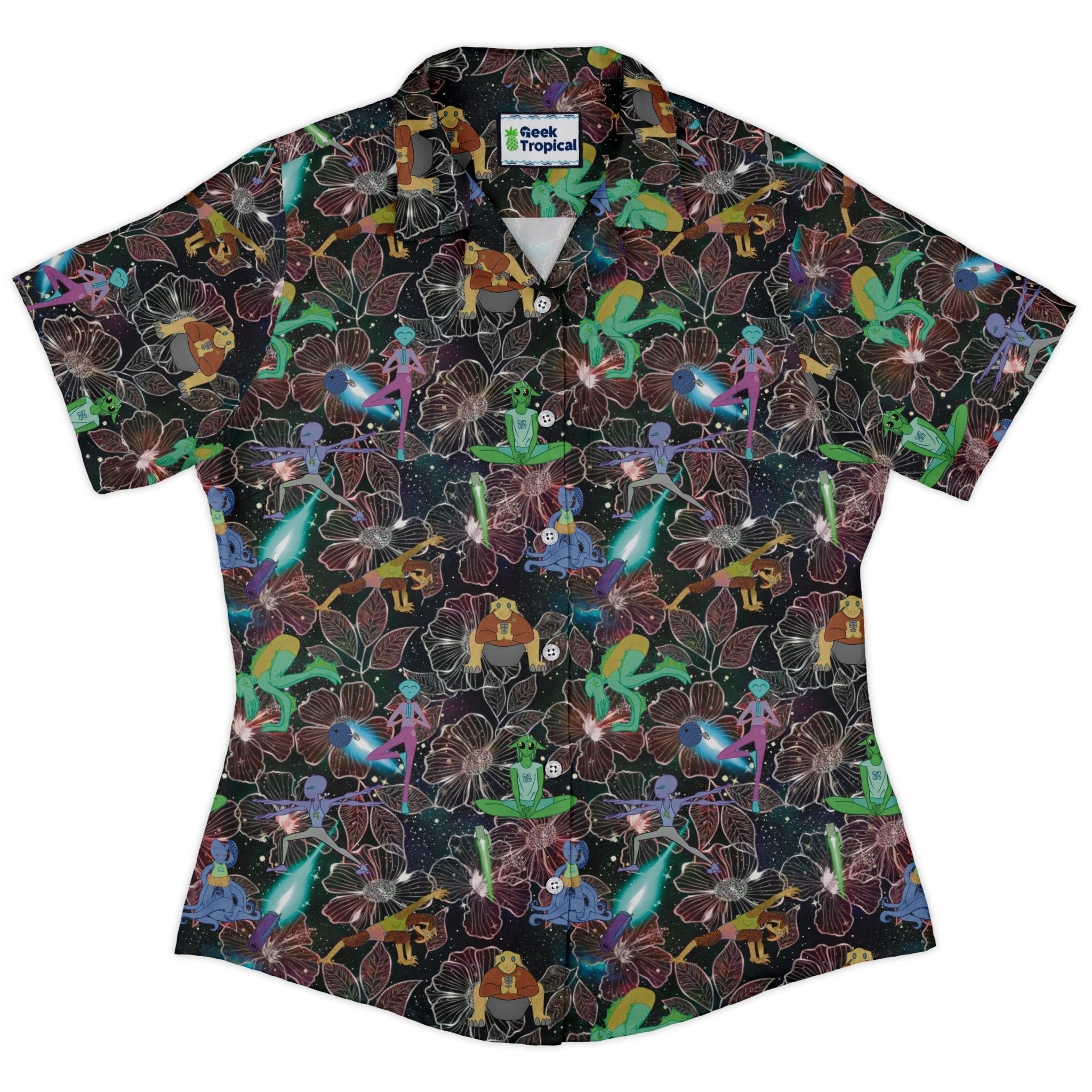 Space Alien Yoga Red Curvy Button Up Shirt Geek Nerd Designs by Nathan outer space & astronaut print Q3