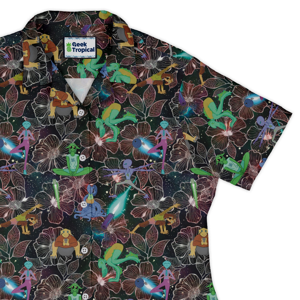Space Alien Yoga Red Curvy Button Up Shirt Geek Nerd Designs by Nathan outer space & astronaut print Q3