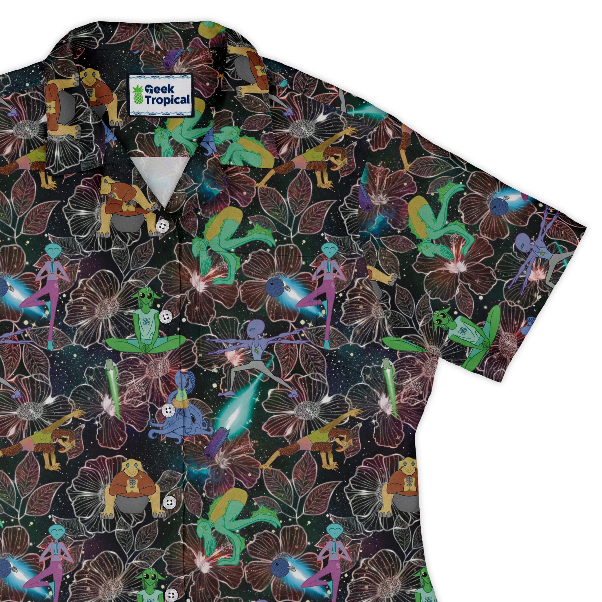Space Alien Yoga Red Curvy Button Up Shirt Geek Nerd Designs by Nathan outer space & astronaut print Q3
