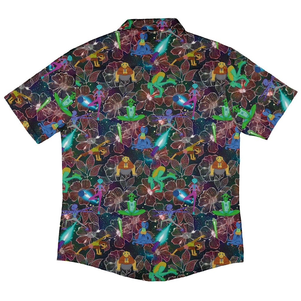 Space Alien Yoga Red Button Up Shirt - adult sizing - Designs by Nathan - outer space & astronaut print