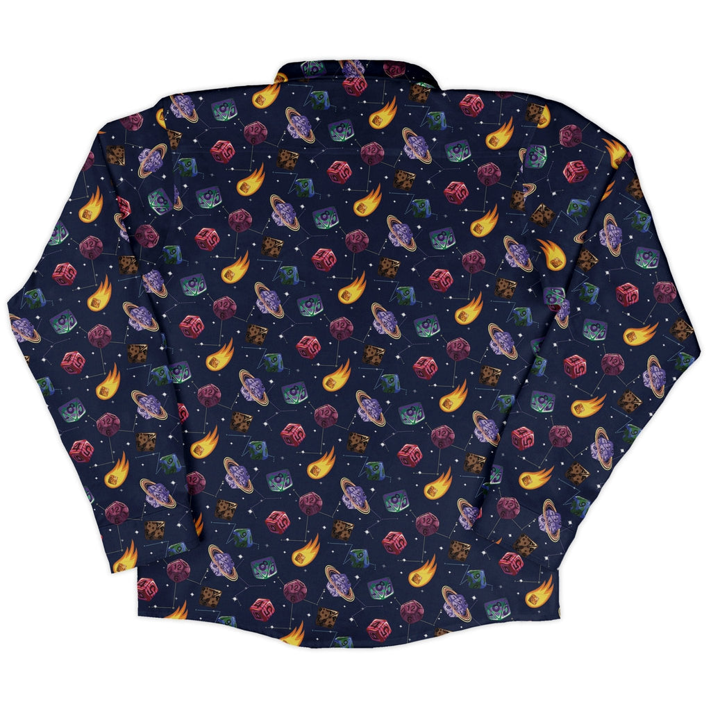 Space DND Dice Planets Long Sleeve Button Up Shirt Geek Nerd adult sizing Design by Carla Morrow dnd & rpg print