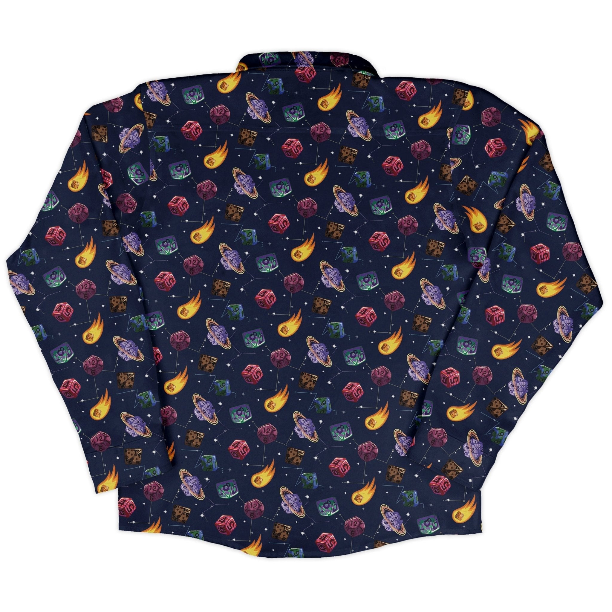 Space DND Dice Planets Long Sleeve Button Up Shirt Geek Nerd adult sizing Design by Carla Morrow dnd & rpg print