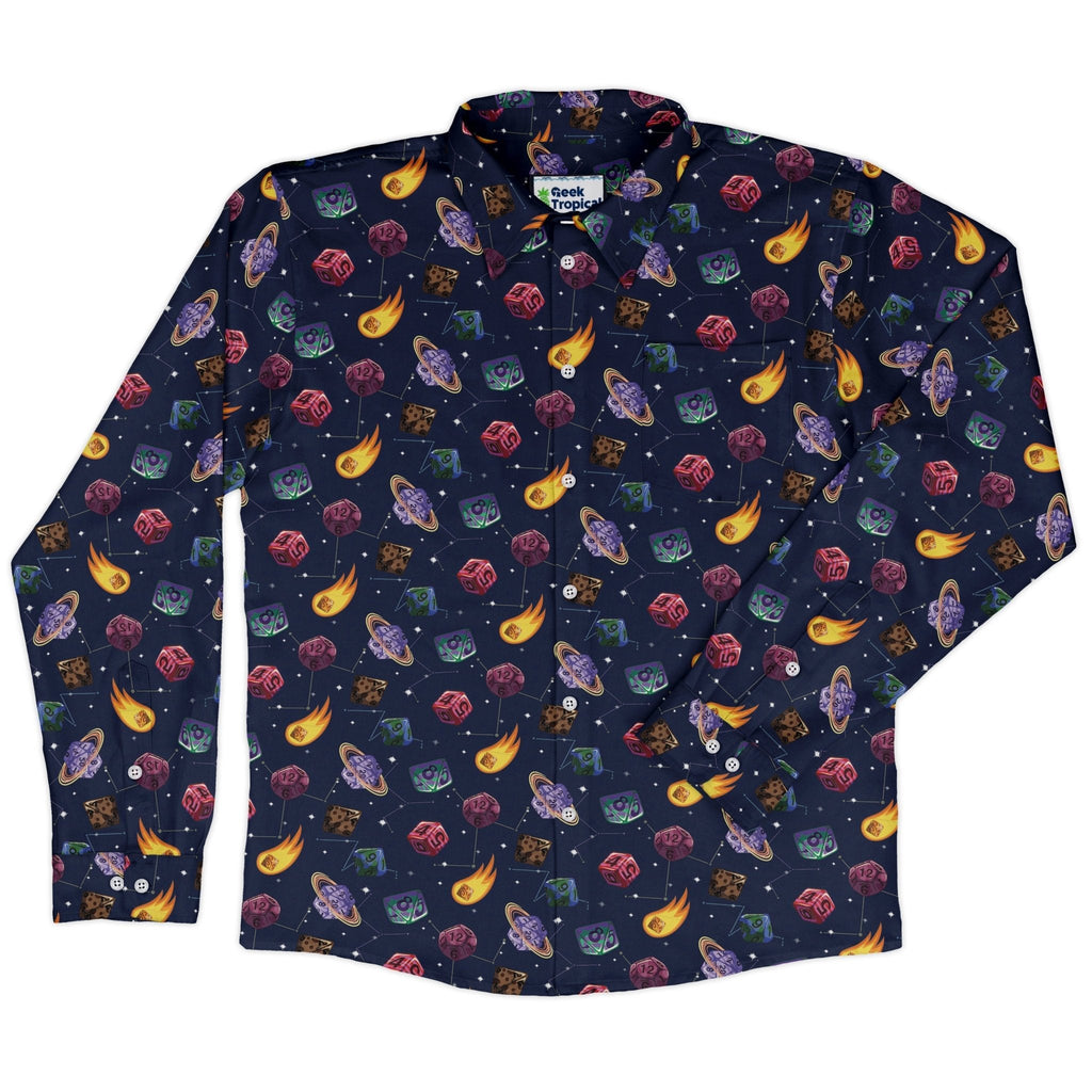 Space DND Dice Planets Long Sleeve Button Up Shirt Geek Nerd adult sizing Design by Carla Morrow dnd & rpg print