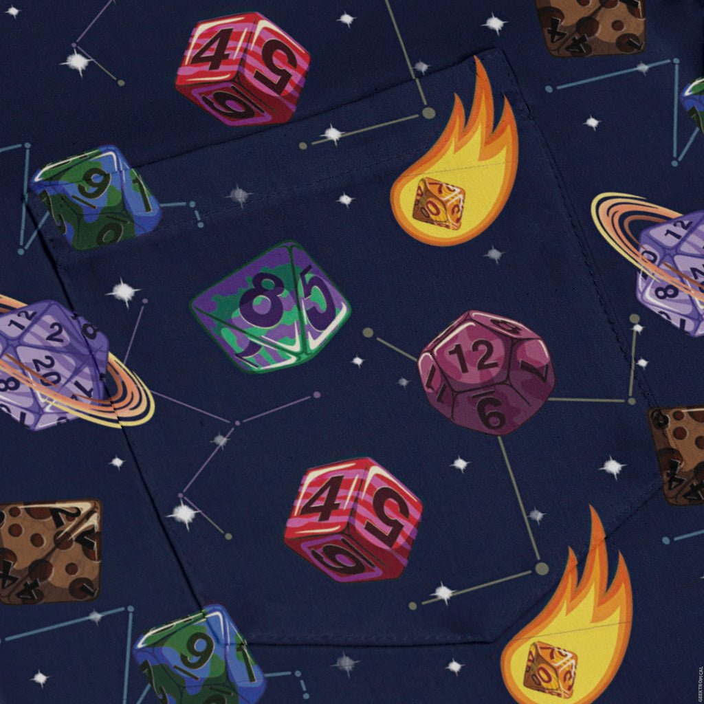Space DND Dice Planets Long Sleeve Button Up Shirt Geek Nerd adult sizing Design by Carla Morrow dnd & rpg print