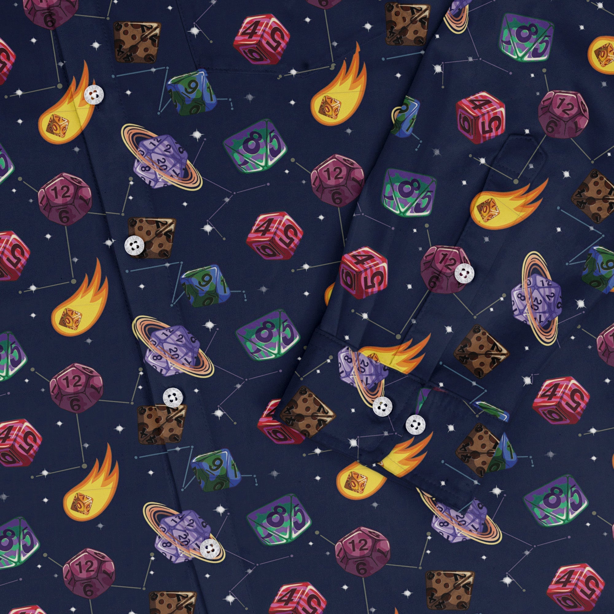 Space DND Dice Planets Long Sleeve Button Up Shirt Geek Nerd adult sizing Design by Carla Morrow dnd & rpg print