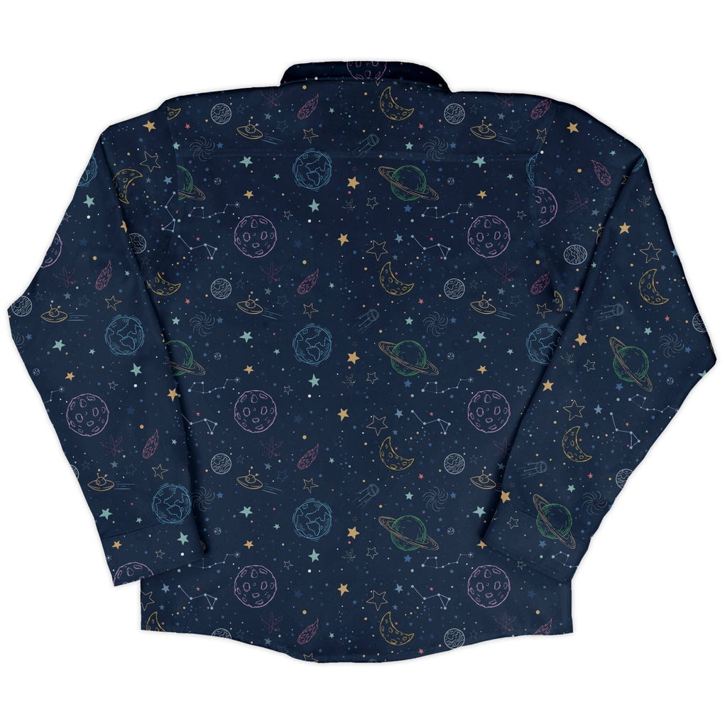 Space Doodles Blue Long Sleeve Button Up Shirt Geek Nerd adult sizing FLOW DESC WRITING outer space & astronaut print