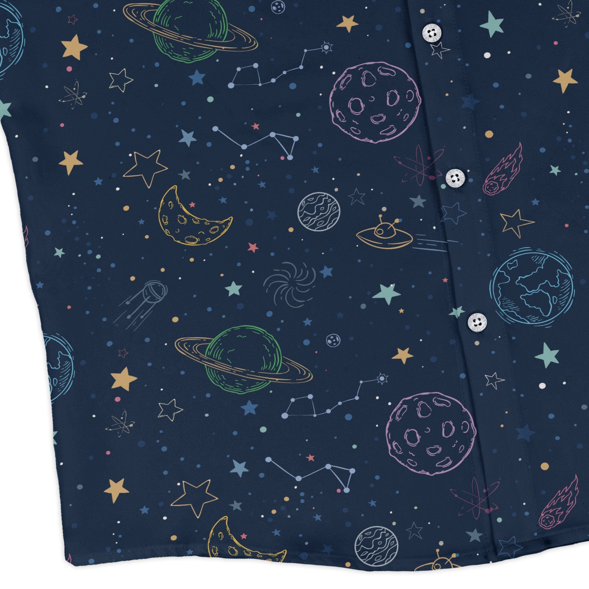 Space Doodles Blue Long Sleeve Button Up Shirt Geek Nerd adult sizing FLOW DESC WRITING outer space & astronaut print