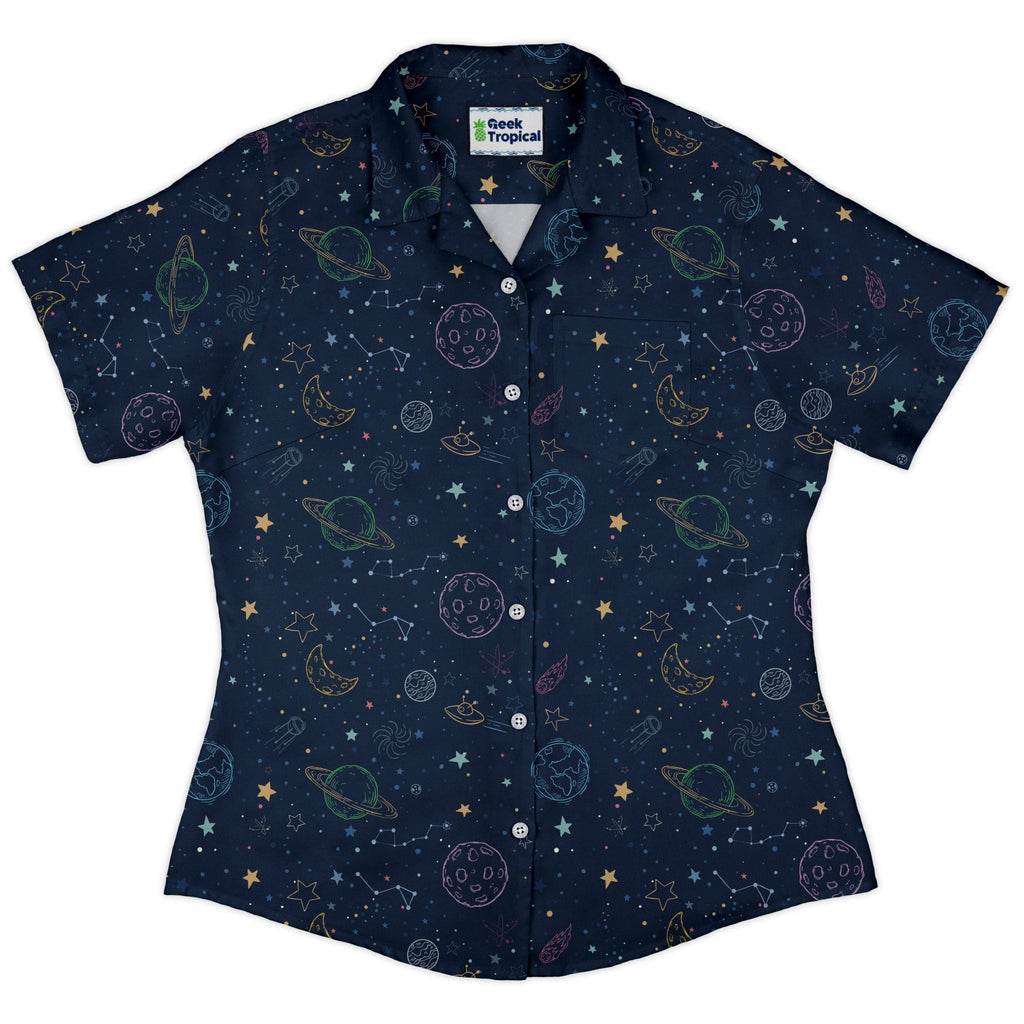 Space Doodles Blue Curvy Button Up Shirt Geek Nerd outer space & astronaut print Simple Patterns women