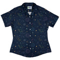 Space Doodles Blue Curvy Button Up Shirt Geek Nerd outer space & astronaut print Simple Patterns women