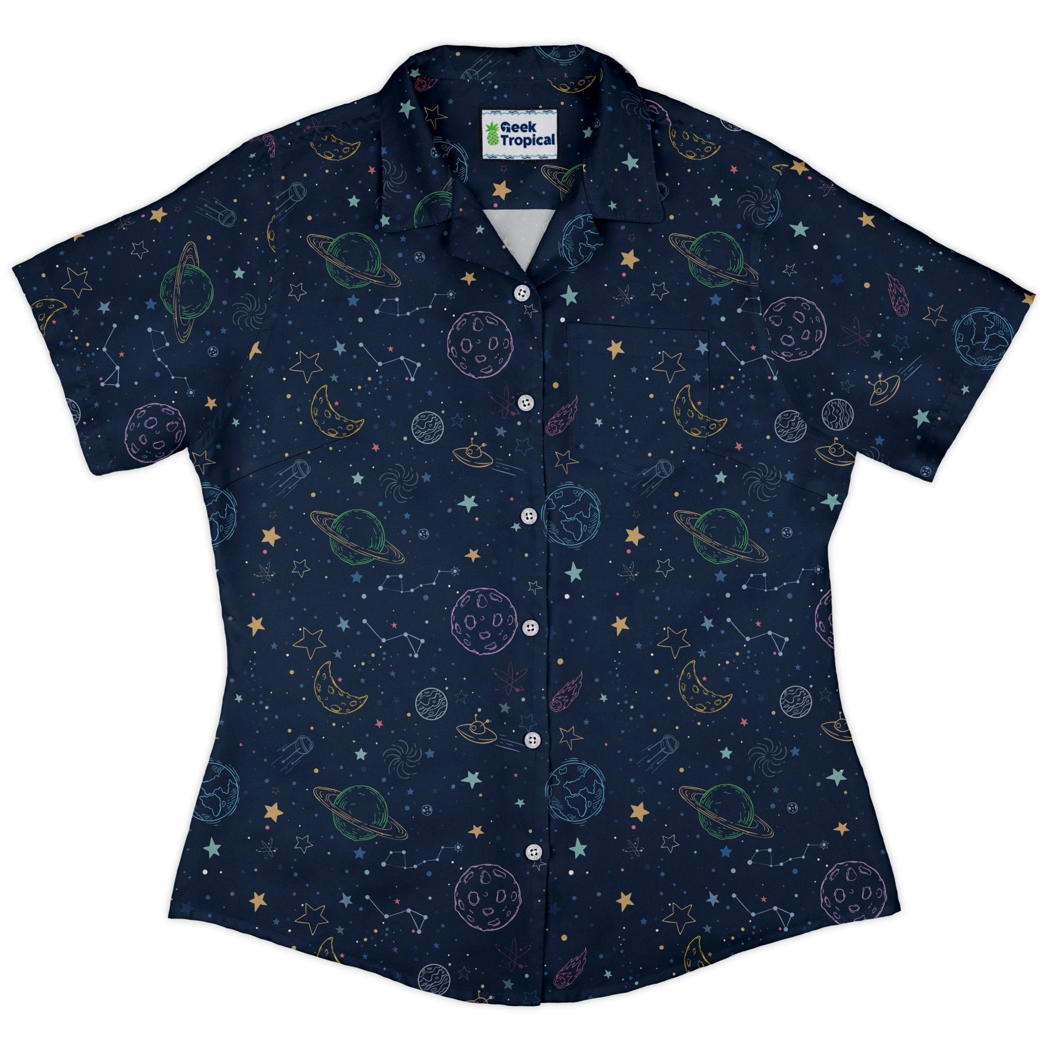 Space Doodles Blue Curvy Button Up Shirt Geek Nerd outer space & astronaut print Simple Patterns women