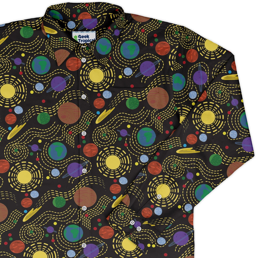 Space Explorers Long Sleeve Button Up Shirt Geek Nerd adult sizing Design by Heather Davenport FLOW DESC WRITING