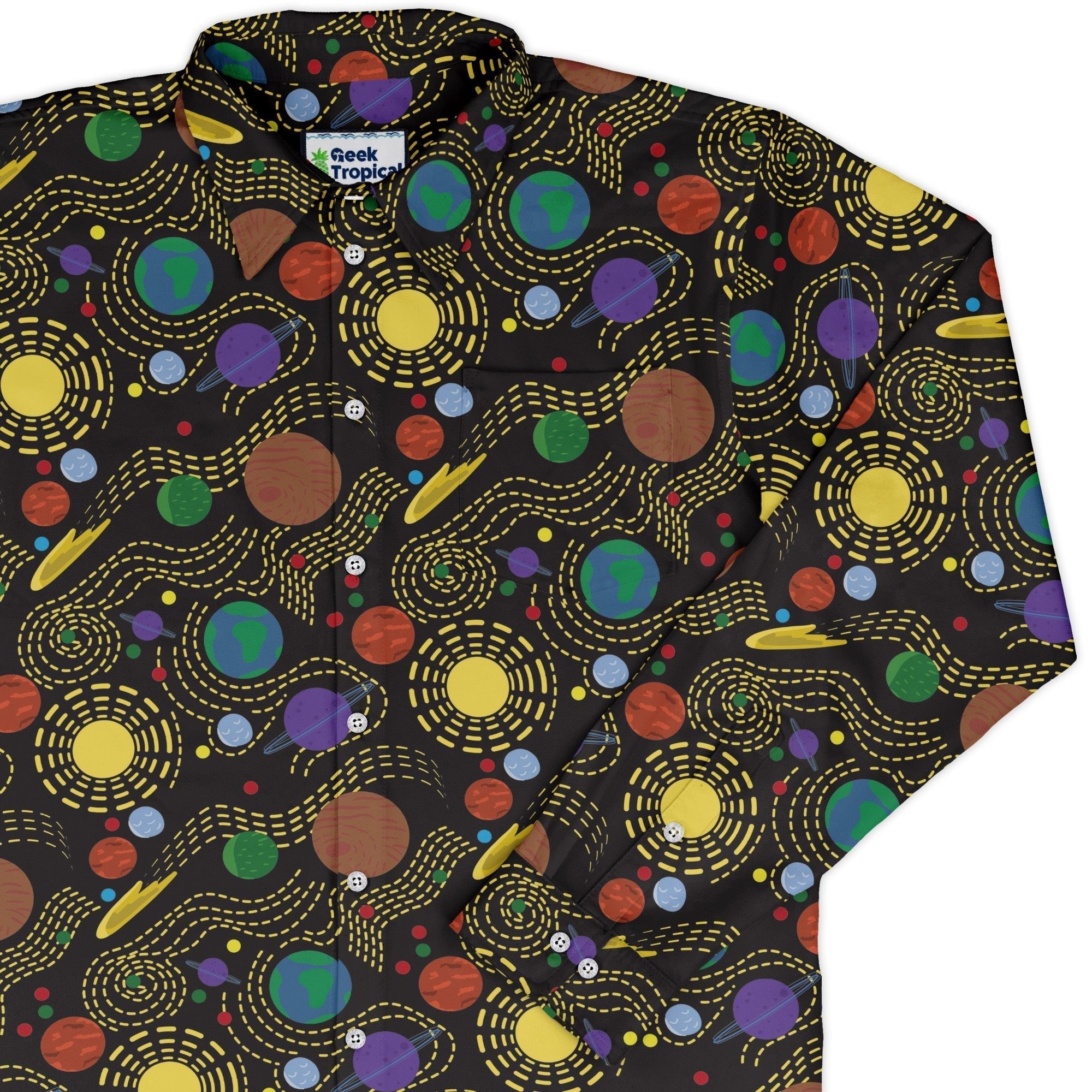 Space Explorers Long Sleeve Button Up Shirt Geek Nerd adult sizing Design by Heather Davenport FLOW DESC WRITING