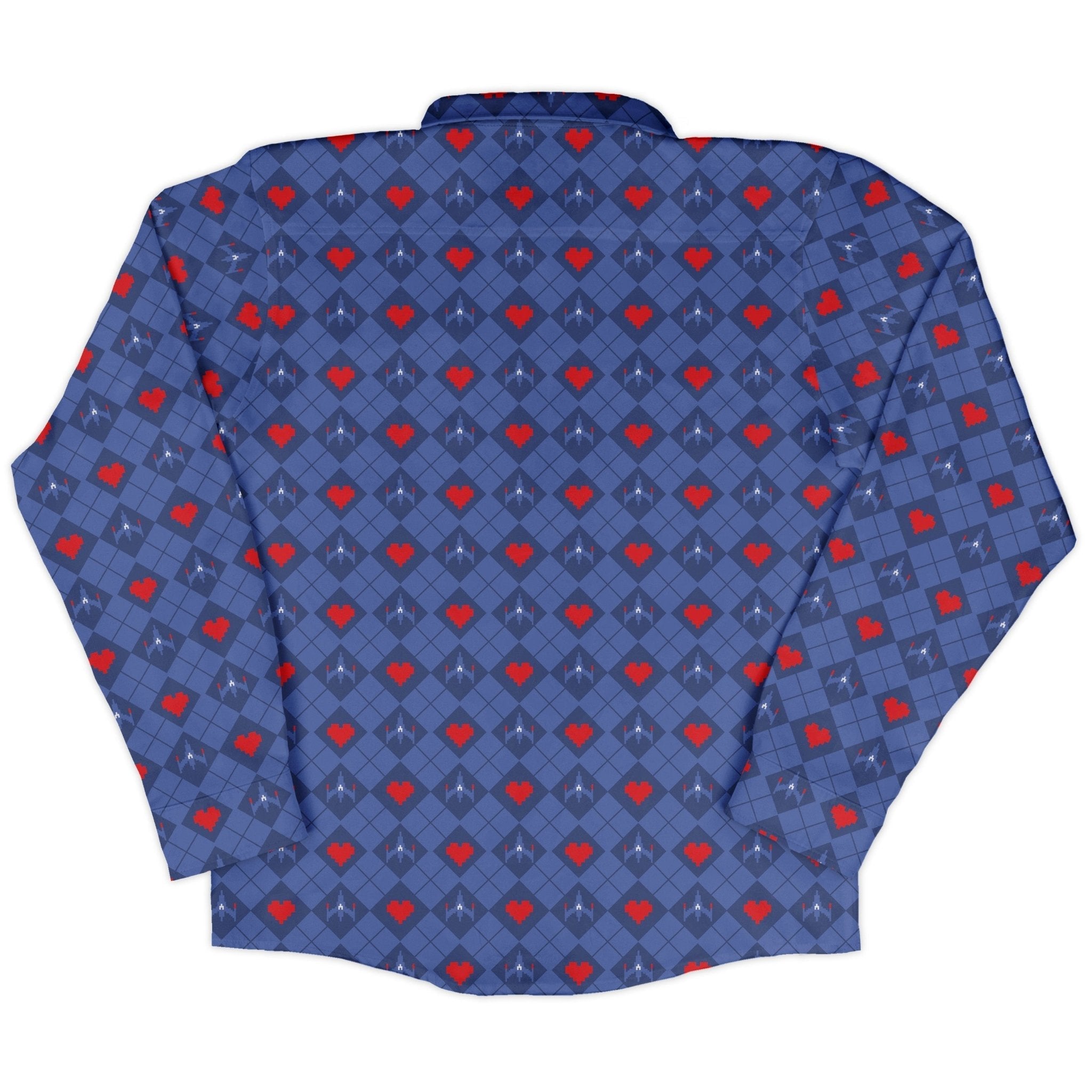 Space Fighter Heart Long Sleeve Button Up Shirt Geek Nerd adult sizing Design by Heather Davenport FLOW DESC WRITING