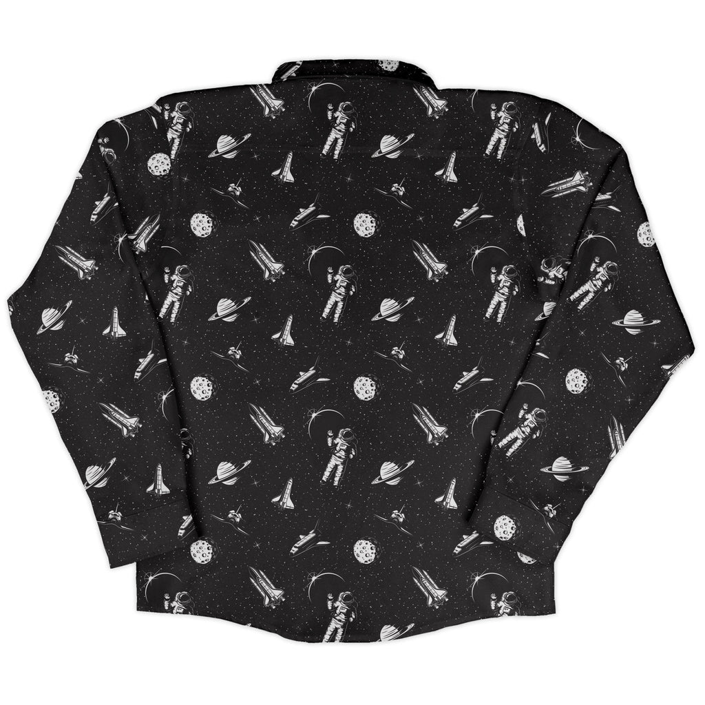 Space Mission Black Outer Space Long Sleeve Button Up Shirt Geek Nerd adult sizing FLOW DESC WRITING outer space & astronaut print