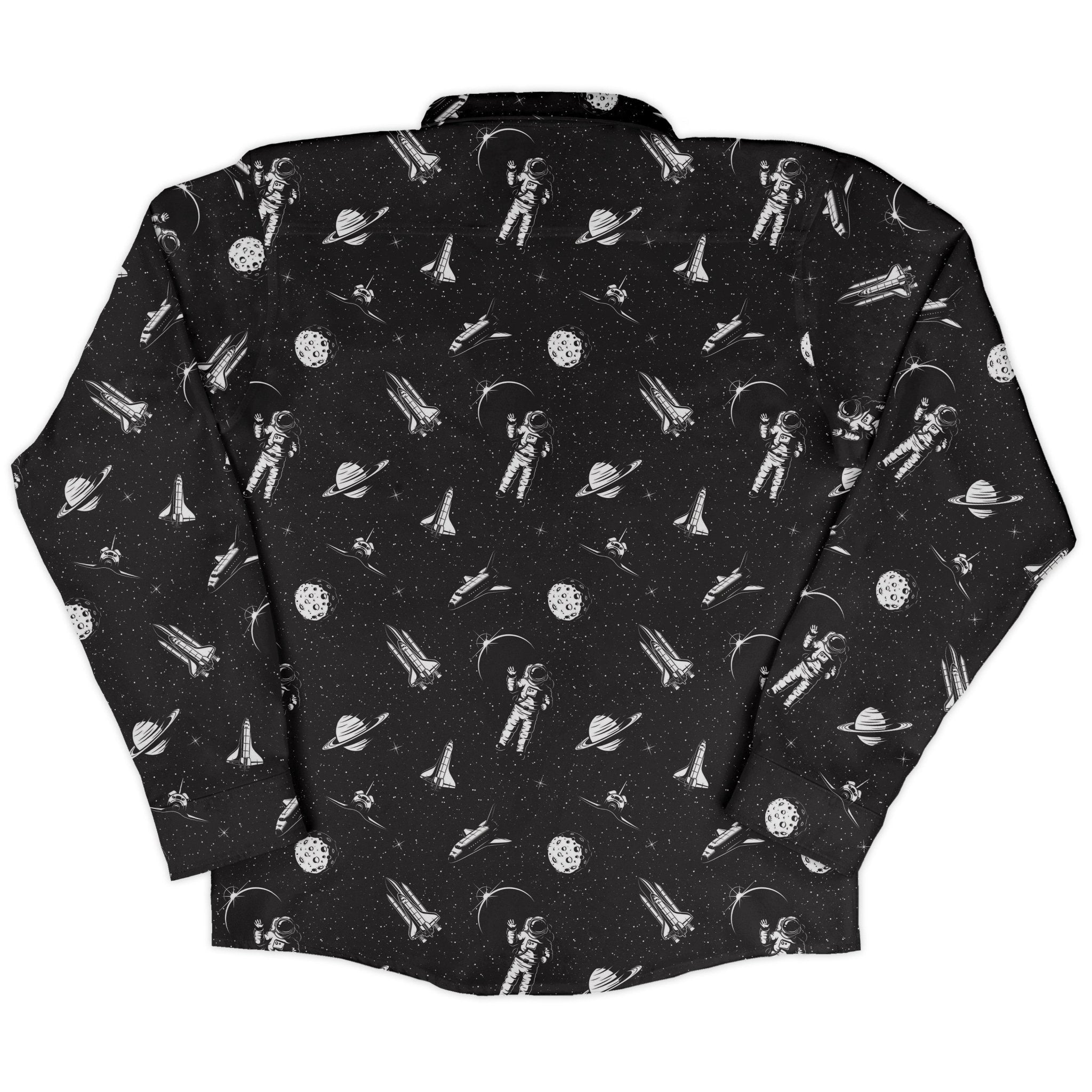Space Mission Black Outer Space Long Sleeve Button Up Shirt Geek Nerd adult sizing FLOW DESC WRITING outer space & astronaut print
