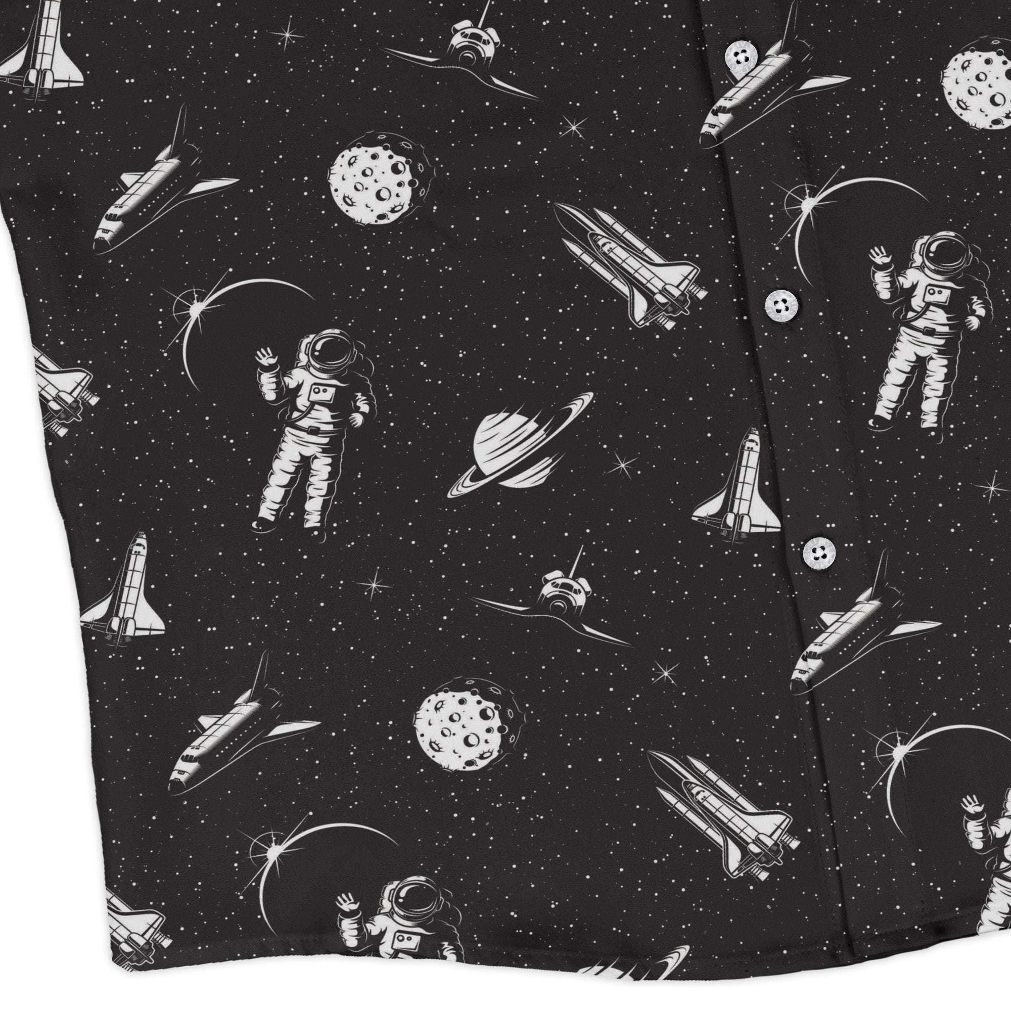 Space Mission Black Outer Space Long Sleeve Button Up Shirt Geek Nerd adult sizing FLOW DESC WRITING outer space & astronaut print