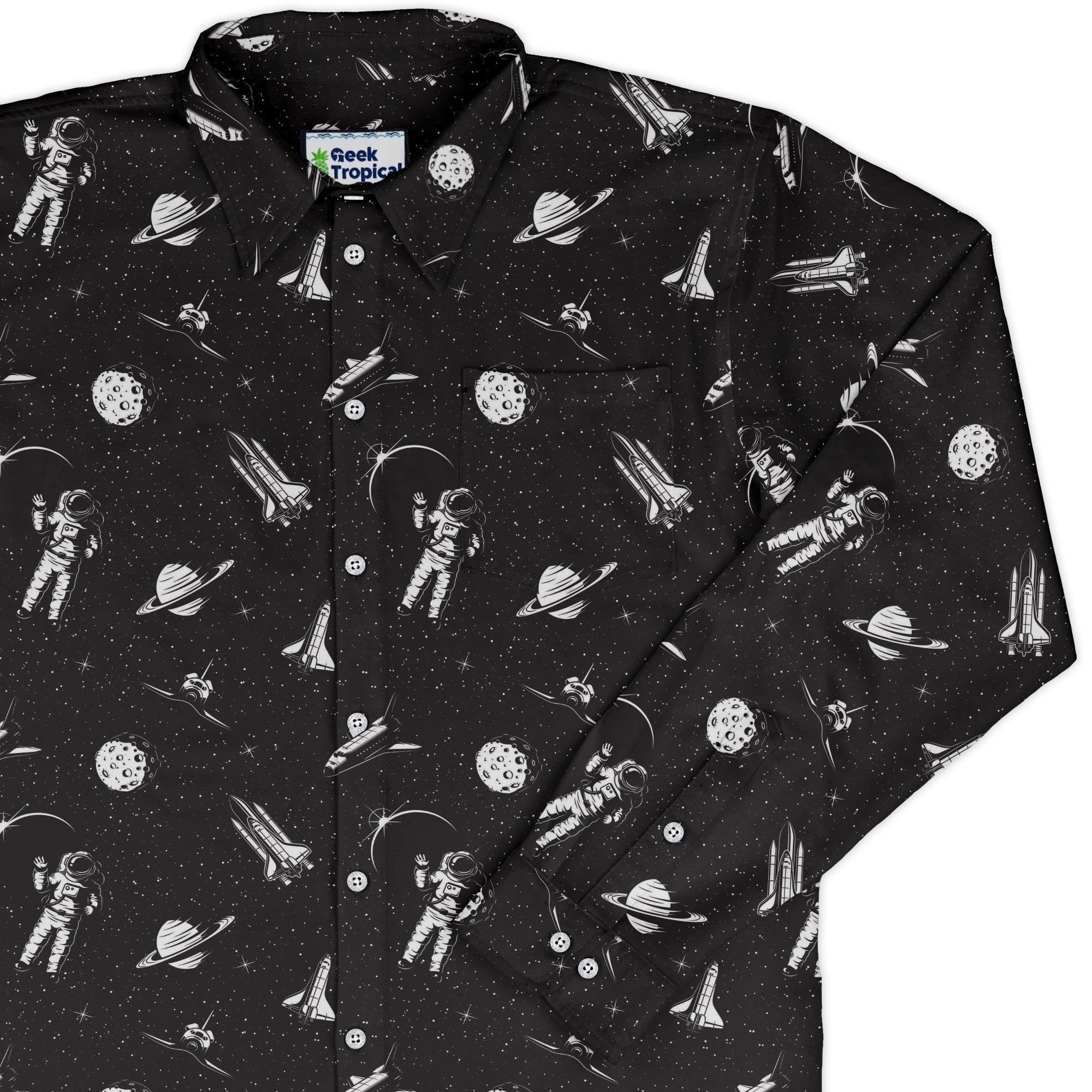 Space Mission Black Outer Space Long Sleeve Button Up Shirt Geek Nerd adult sizing FLOW DESC WRITING outer space & astronaut print