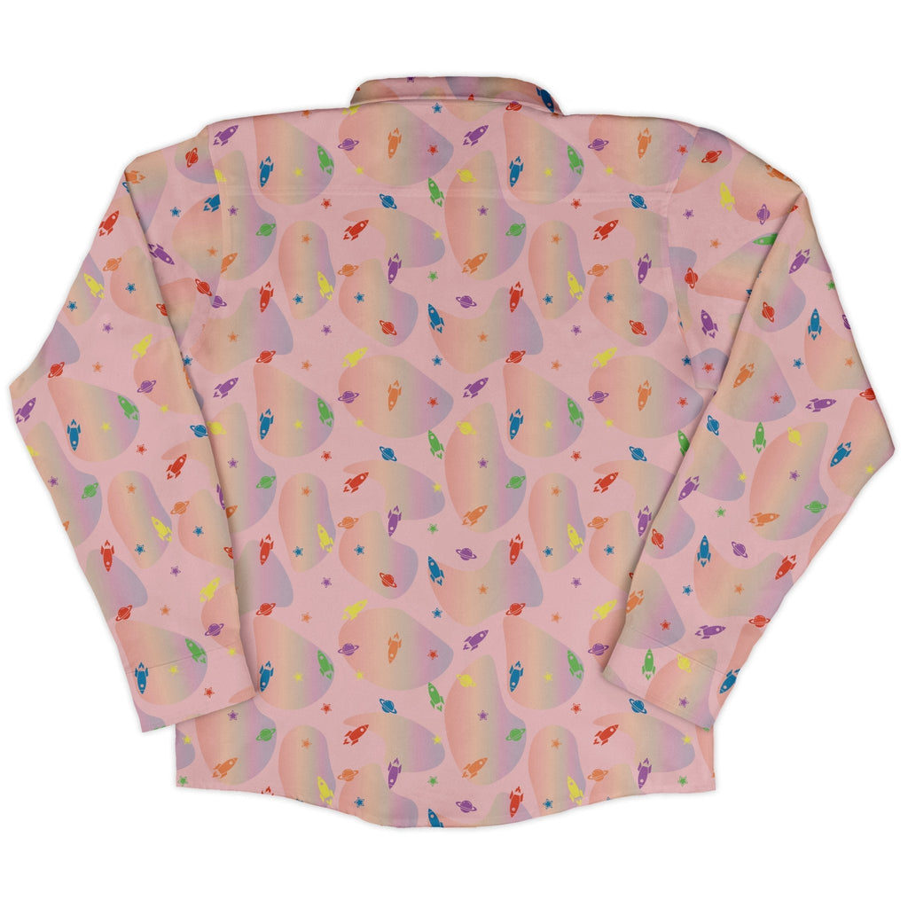Space Pride Pink Long Sleeve Button Up Shirt Geek Nerd adult sizing FLOW DESC WRITING outer space & astronaut print