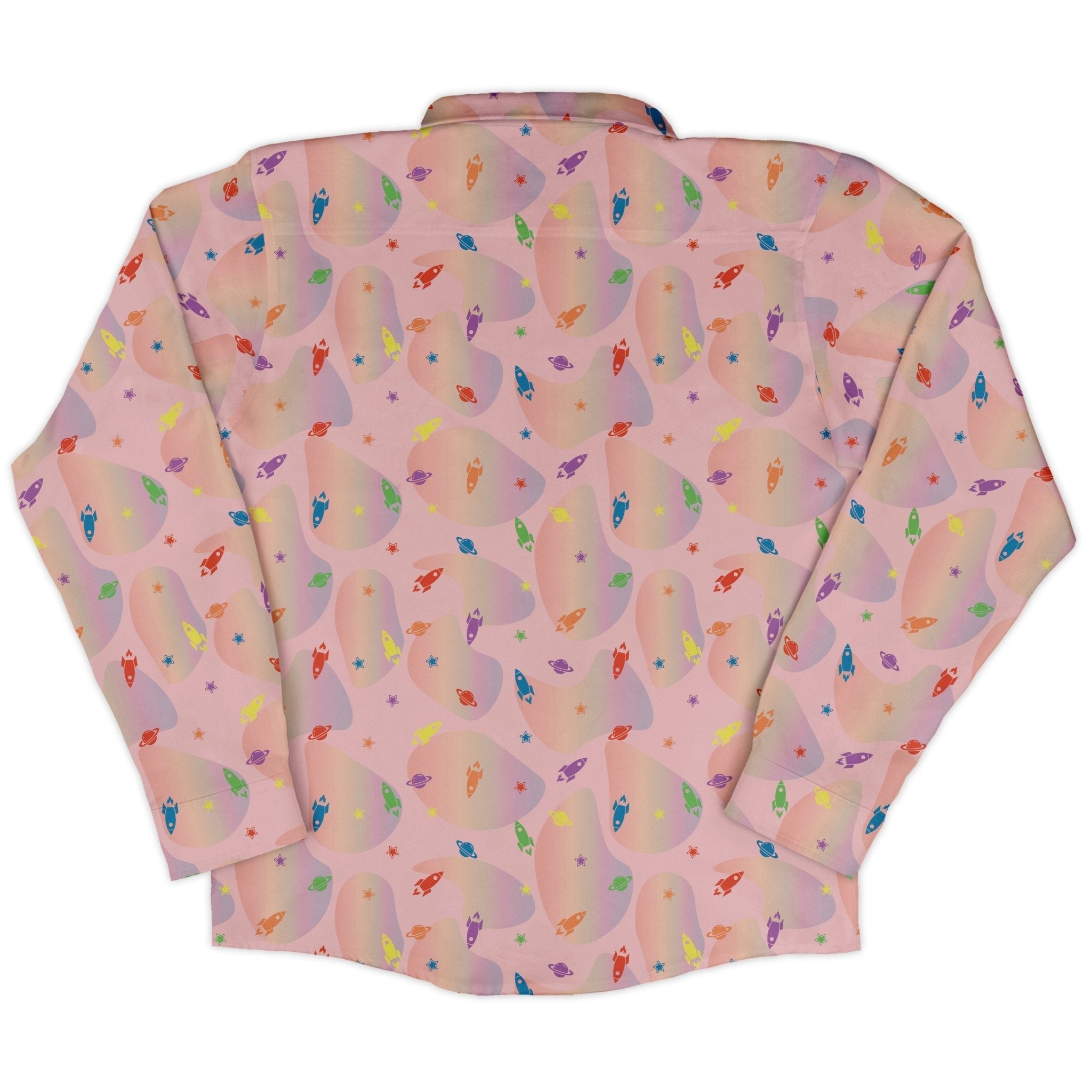 Space Pride Pink Long Sleeve Button Up Shirt Geek Nerd adult sizing FLOW DESC WRITING outer space & astronaut print