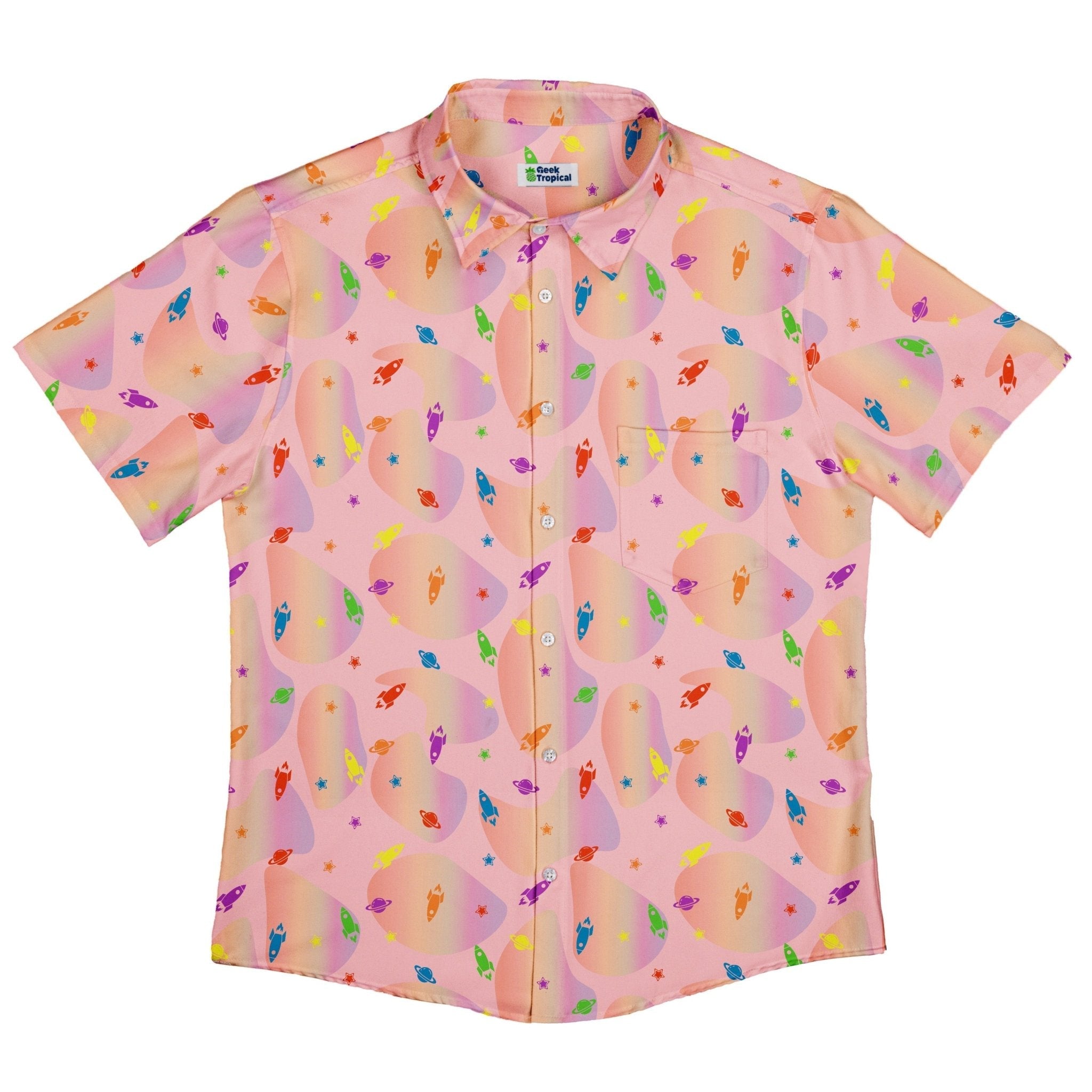 Space Pride Pink Button Up Shirt - adult sizing - outer space & astronaut print - Pride Patterns