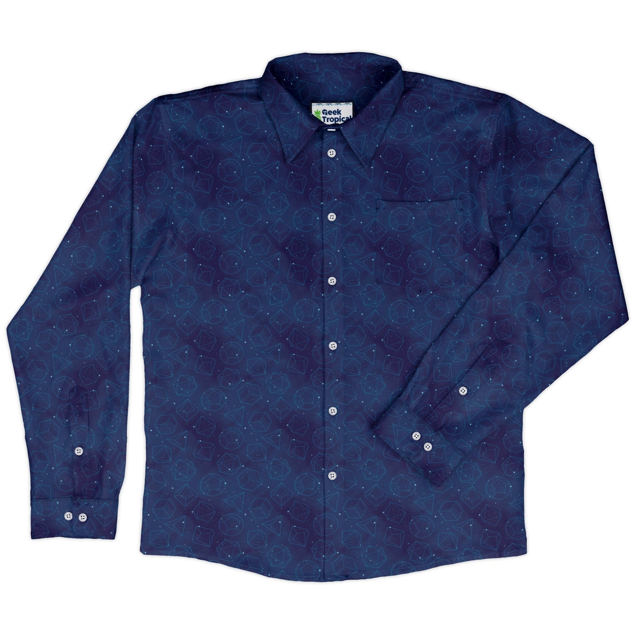 Space RPG Dice Blue Dnd Long Sleeve Button Up Shirt Geek Nerd adult sizing dnd & rpg print FLOW DESC WRITING