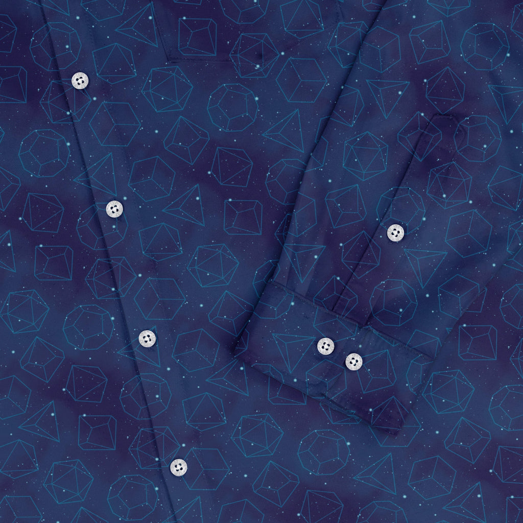 Space RPG Dice Blue Dnd Long Sleeve Button Up Shirt Geek Nerd adult sizing dnd & rpg print FLOW DESC WRITING