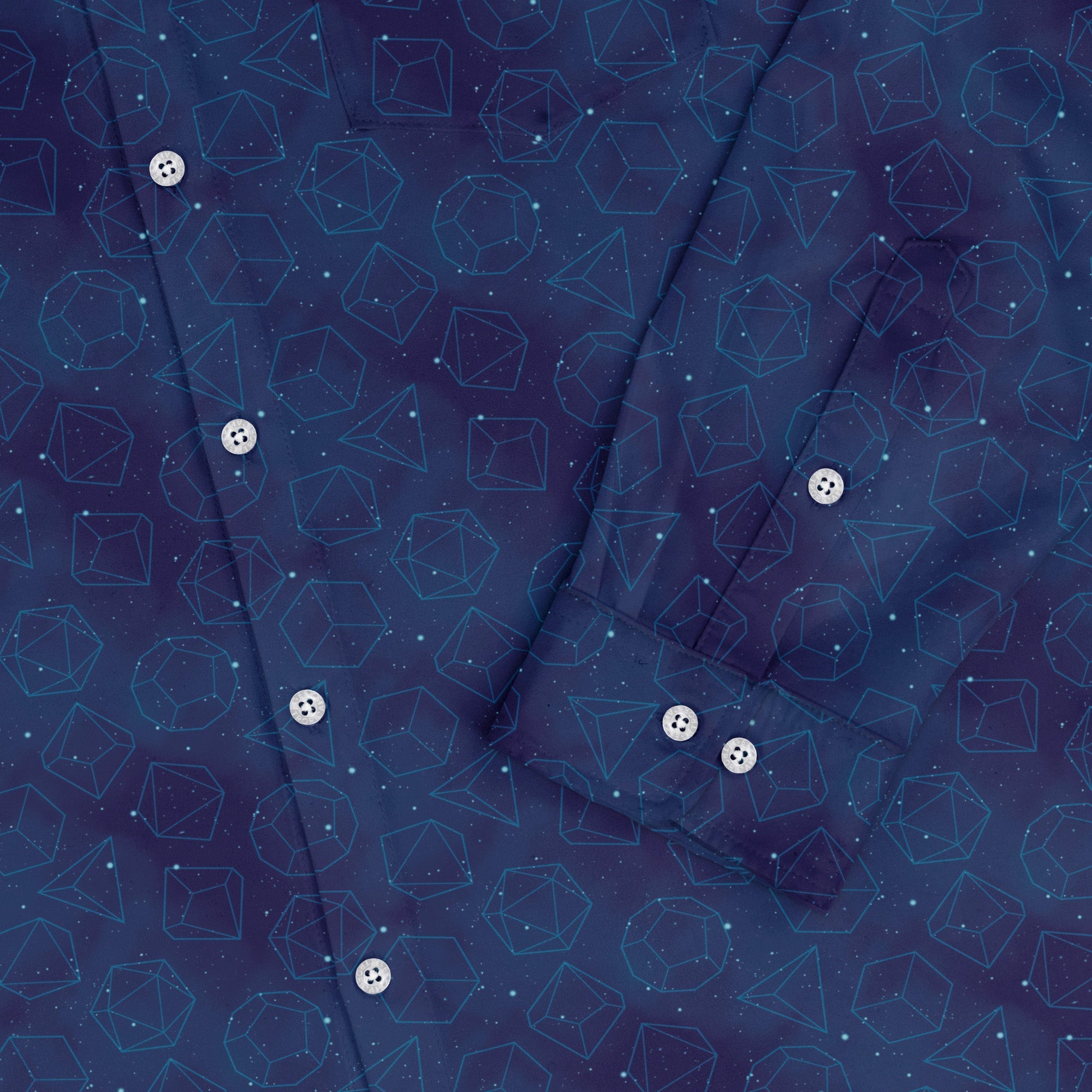 Space RPG Dice Blue Dnd Long Sleeve Button Up Shirt Geek Nerd adult sizing dnd & rpg print FLOW DESC WRITING