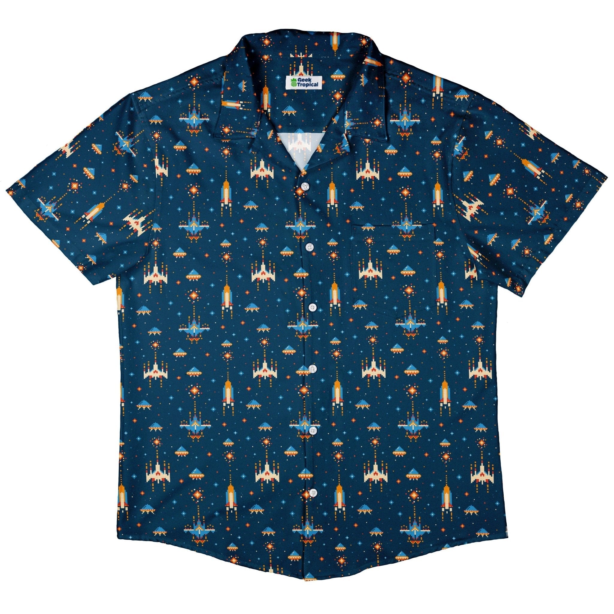 Space Retro Arcade Button Up Shirt - adult sizing - outer space & astronaut print - video game arcade print