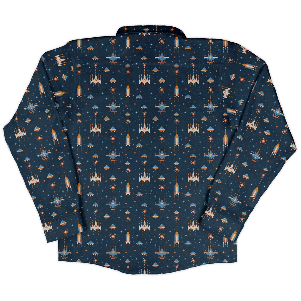 Space Retro Arcade Long Sleeve Button Up Shirt Geek Nerd adult sizing FLOW DESC WRITING outer space & astronaut print
