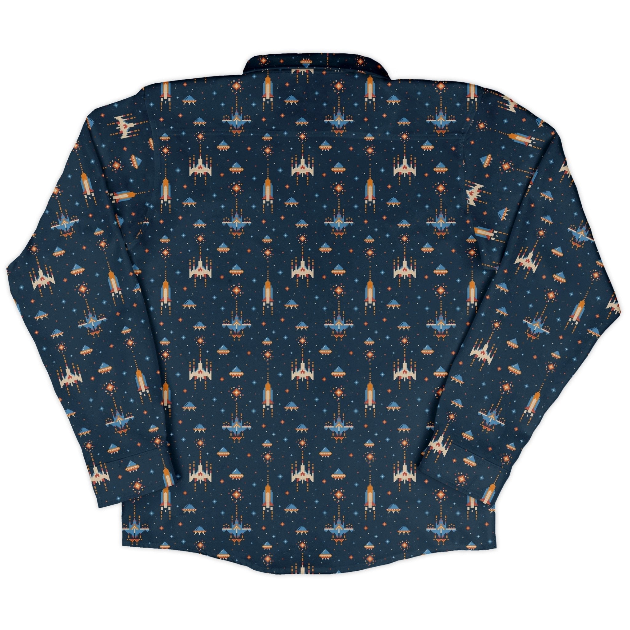 Space Retro Arcade Long Sleeve Button Up Shirt Geek Nerd adult sizing FLOW DESC WRITING outer space & astronaut print