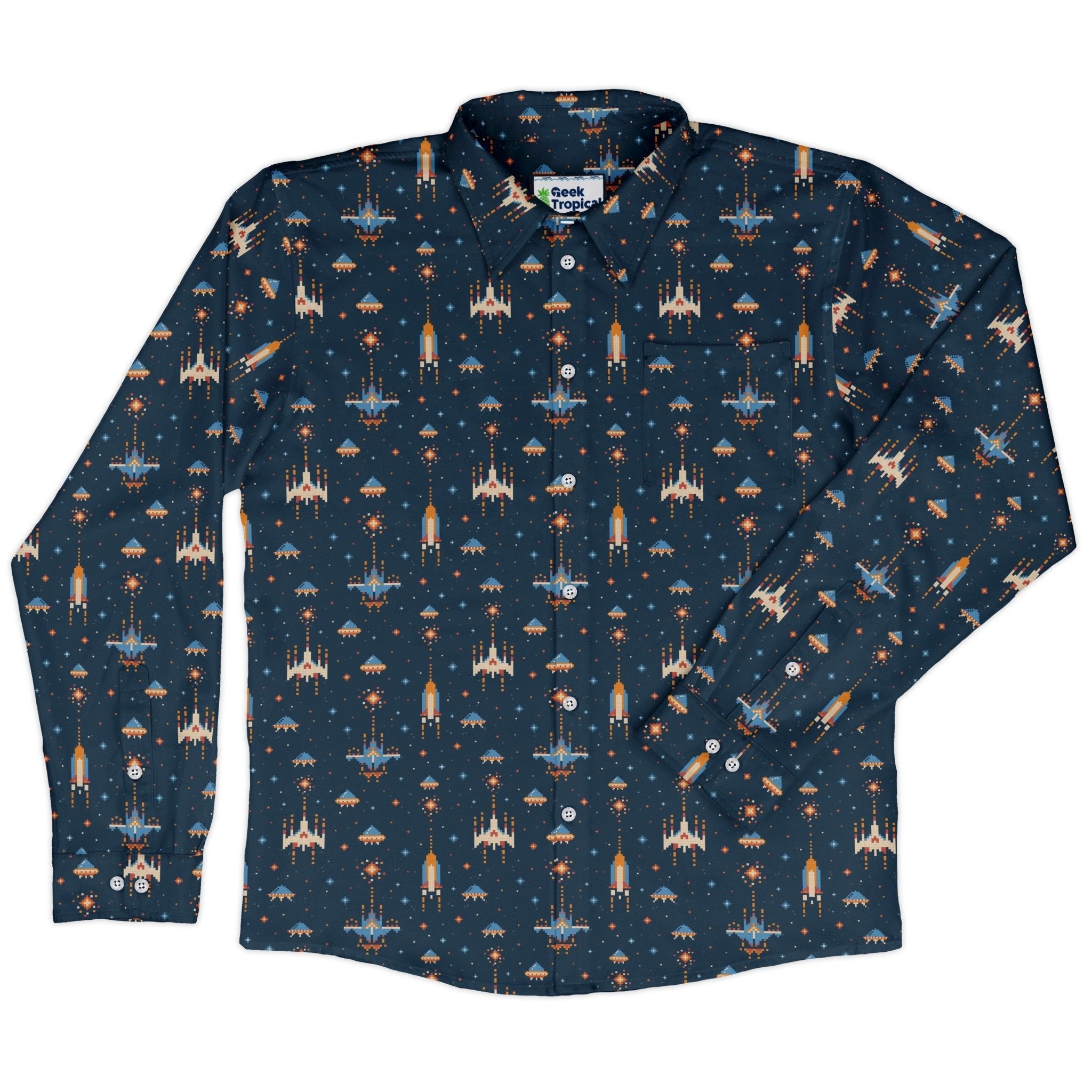 Space Retro Arcade Long Sleeve Button Up Shirt Geek Nerd adult sizing FLOW DESC WRITING outer space & astronaut print