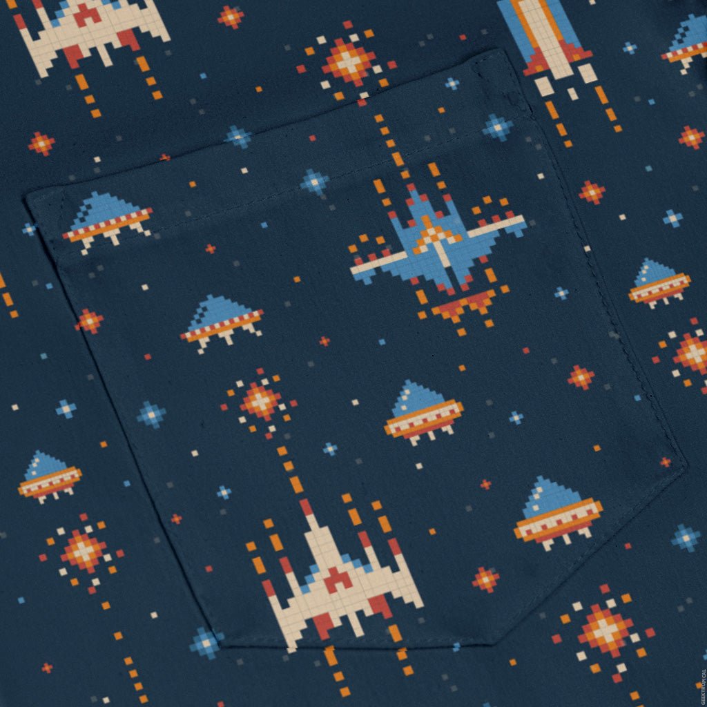 Space Retro Arcade Long Sleeve Button Up Shirt Geek Nerd adult sizing FLOW DESC WRITING outer space & astronaut print