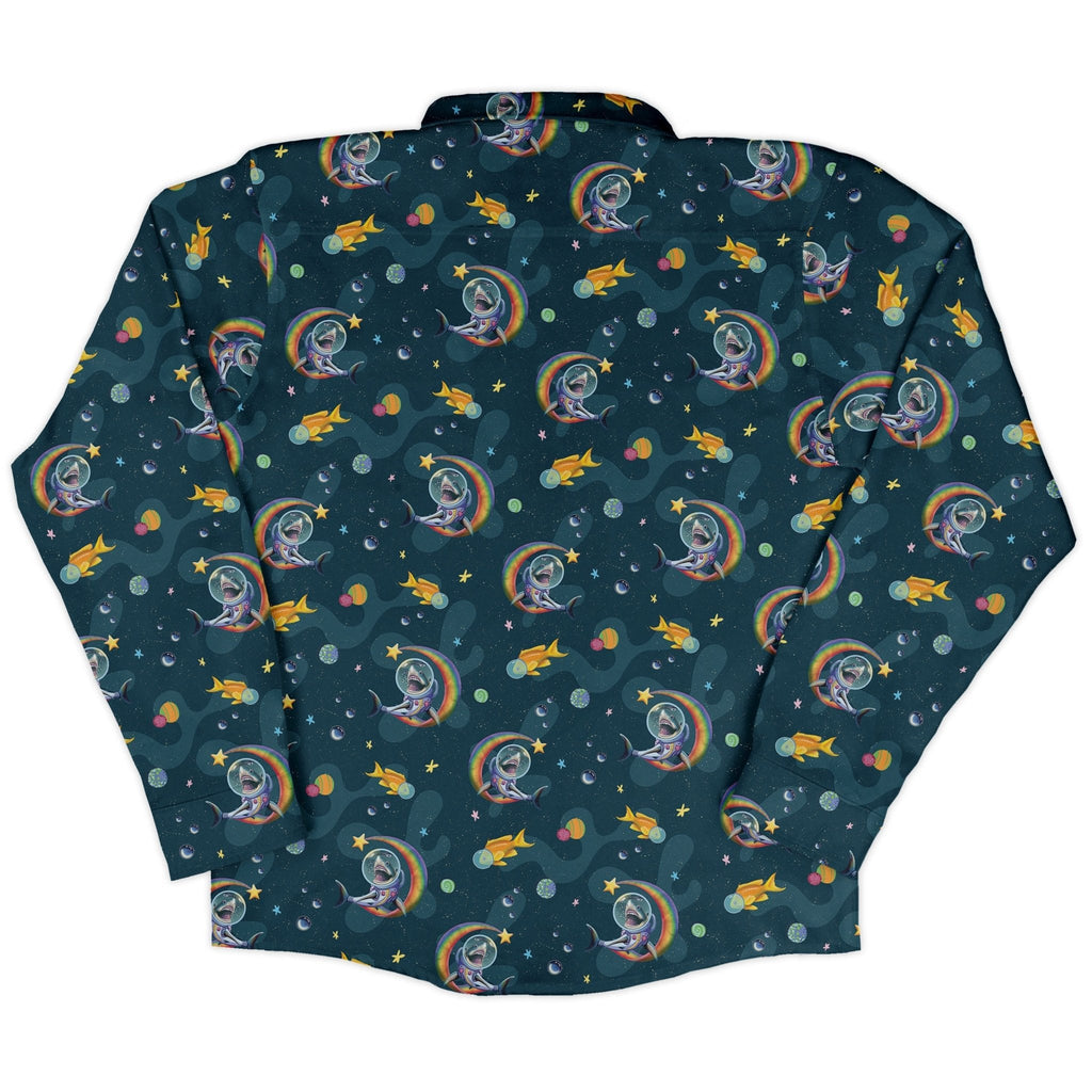 Space Sharks Long Sleeve Button Up Shirt Geek Nerd adult sizing Animal Patterns Design by Carla Morrow