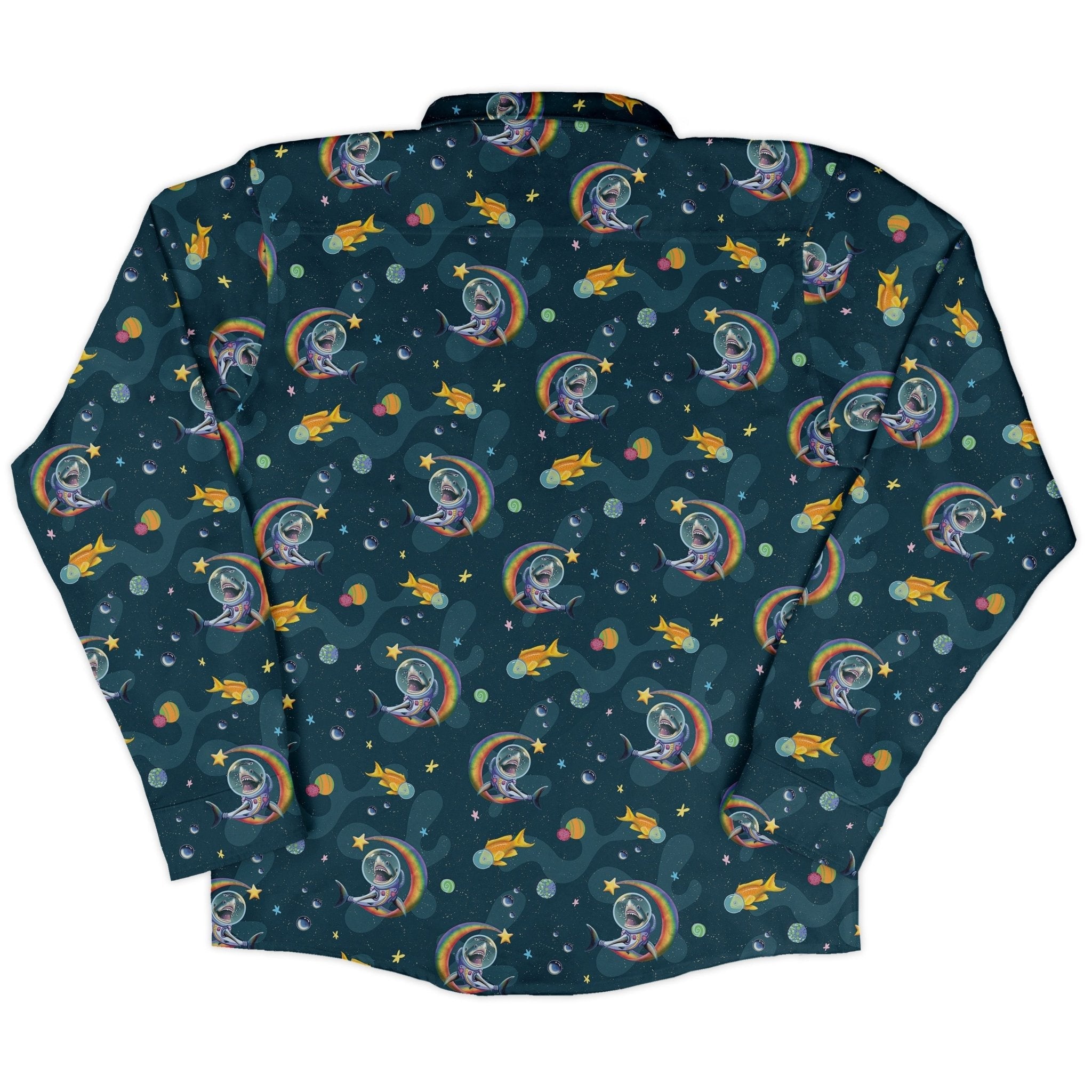 Space Sharks Long Sleeve Button Up Shirt Geek Nerd adult sizing Animal Patterns Design by Carla Morrow