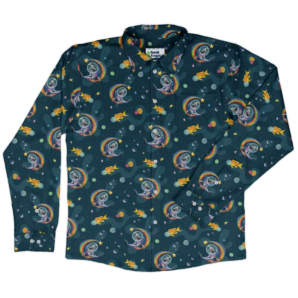 Space Sharks Long Sleeve Button Up Shirt Geek Nerd adult sizing Animal Patterns Design by Carla Morrow