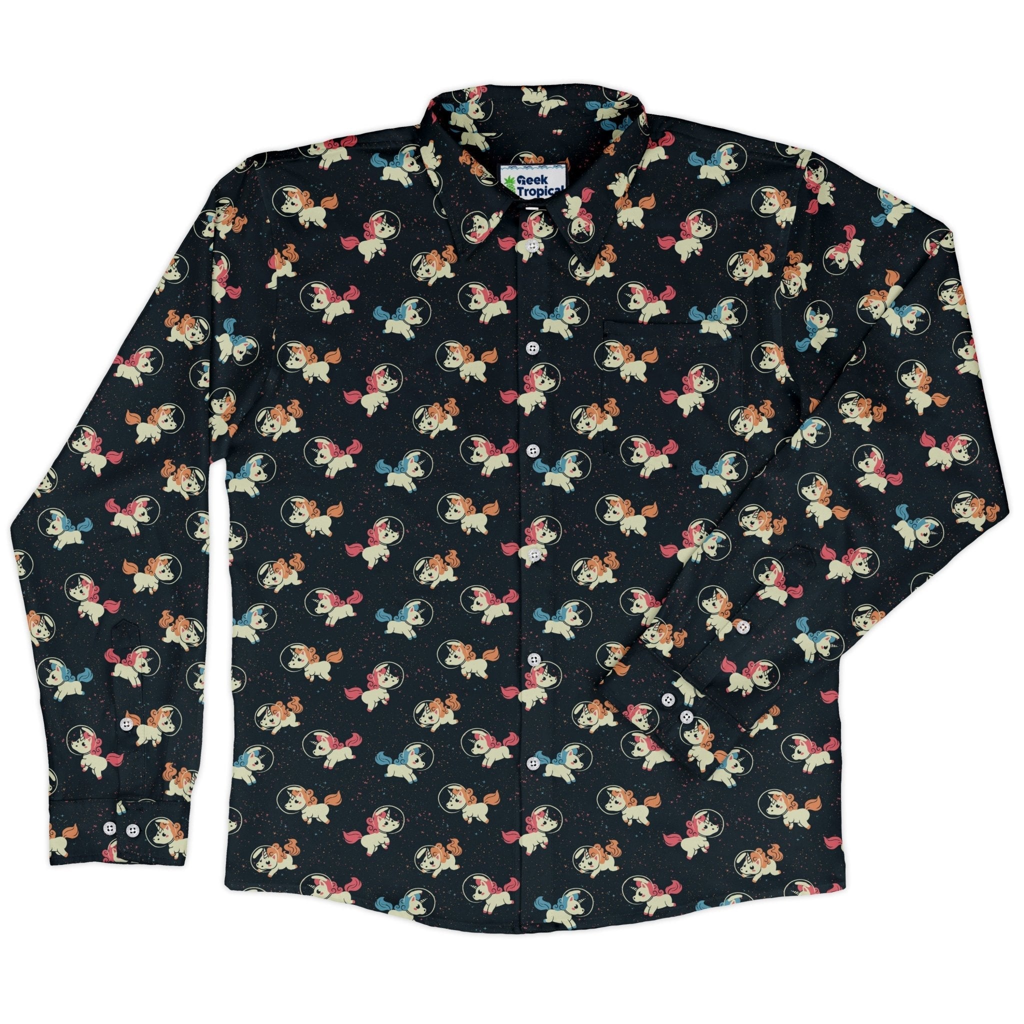 Space Unicorns Long Sleeve Button Up Shirt Geek Nerd 0925 adult sizing All Adult Button Up Shirts