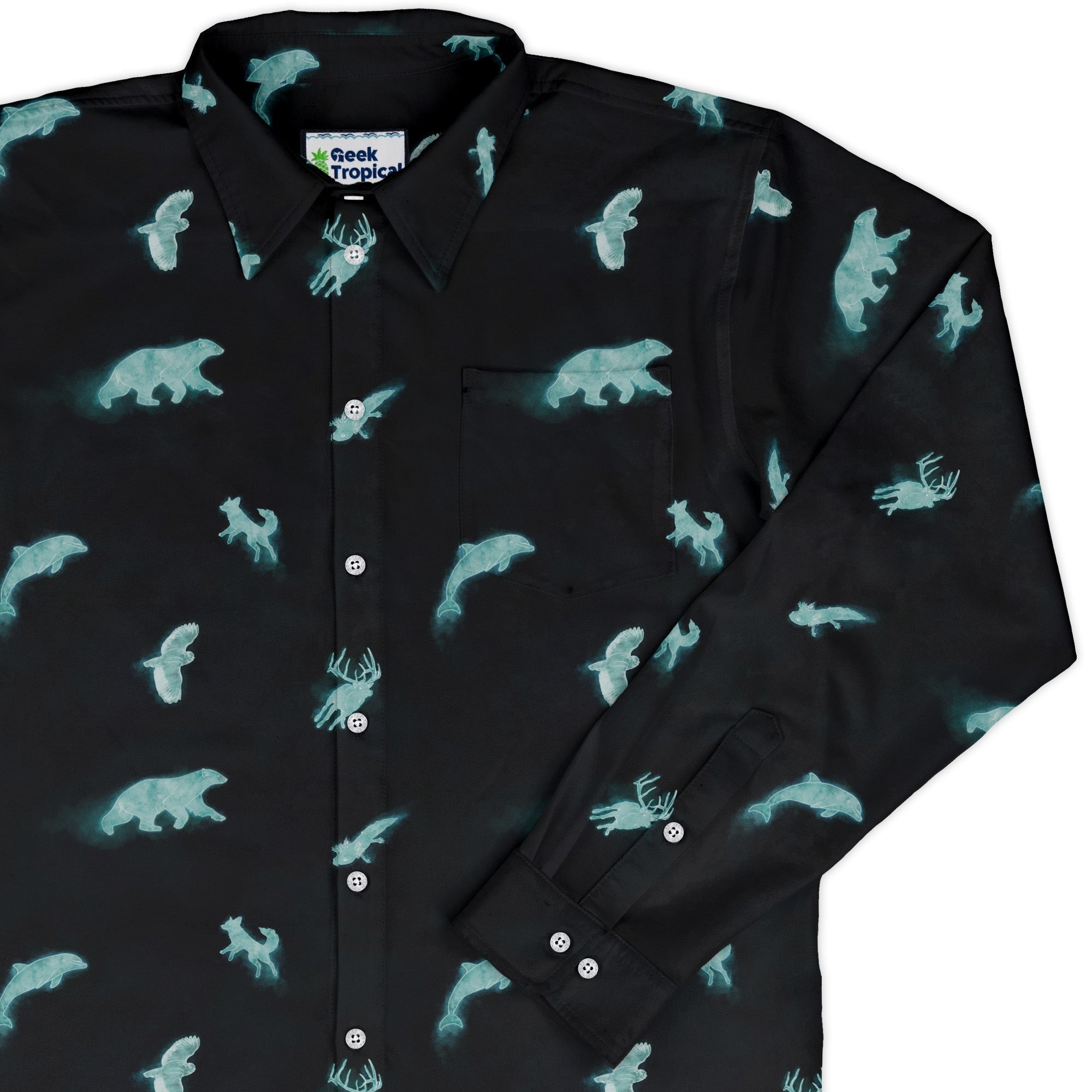 Spirit Animals Long Sleeve Button Up Shirt Geek Nerd adult sizing animal patterns Designs by Nathan