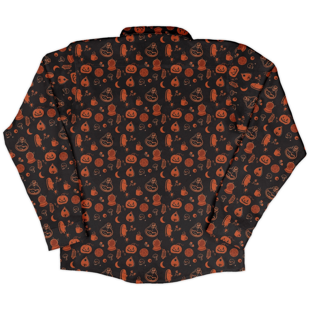 Spooky Halloween Orange Long Sleeve Button Up Shirt Geek Nerd adult sizing Design by Heather Davenport FLOW DESC WRITING