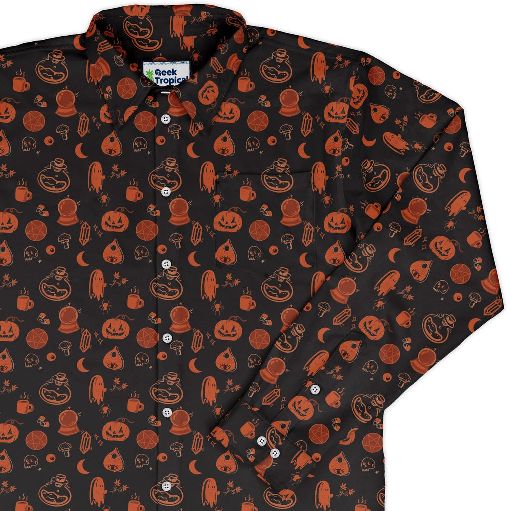 Spooky Halloween Orange Long Sleeve Button Up Shirt Geek Nerd adult sizing Design by Heather Davenport FLOW DESC WRITING