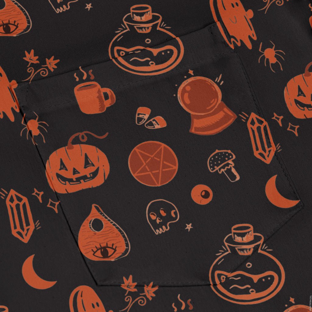 Spooky Halloween Orange Long Sleeve Button Up Shirt Geek Nerd adult sizing Design by Heather Davenport FLOW DESC WRITING