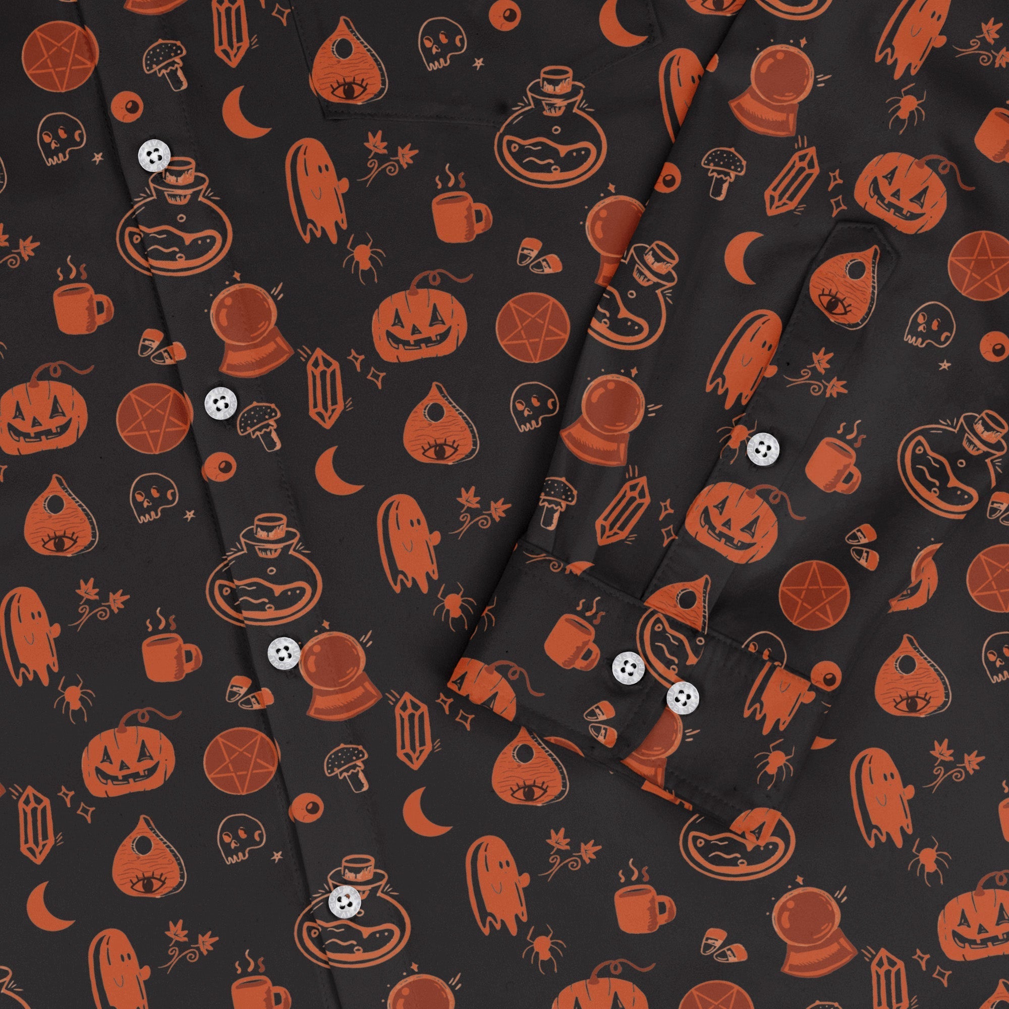 Spooky Halloween Orange Long Sleeve Button Up Shirt Geek Nerd adult sizing Design by Heather Davenport FLOW DESC WRITING