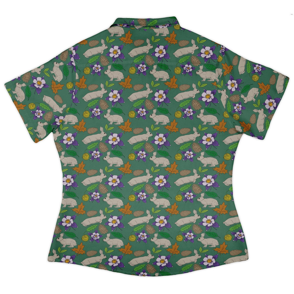 Spring Forest Green Curvy Button Up Shirt Geek Nerd animal patterns botany print Design by Julie Kitzes