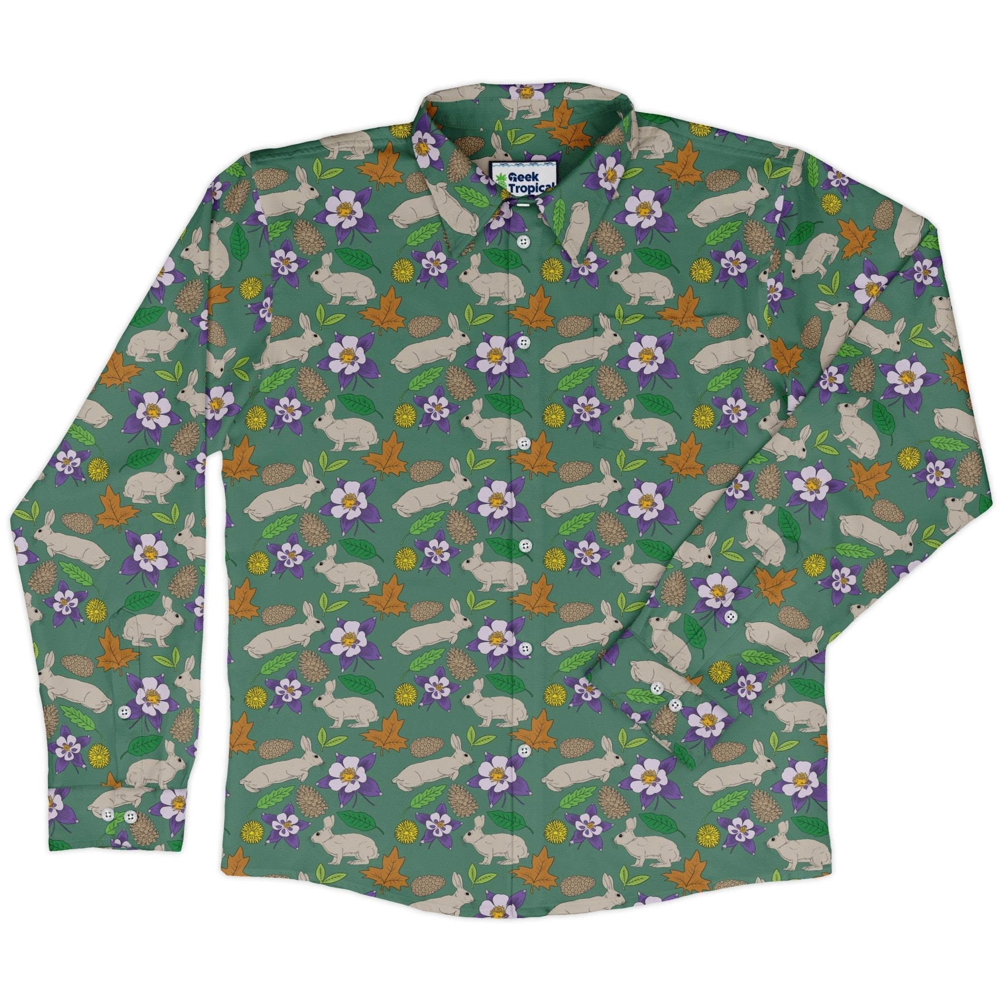Spring Forest Green Long Sleeve Button Up Shirt Geek Nerd adult sizing animal patterns botany print