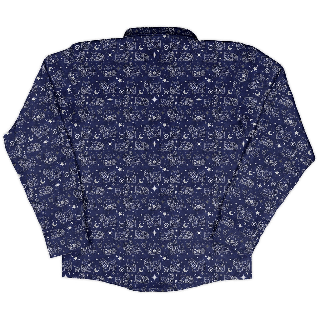 Star Cats Long Sleeve Button Up Shirt Geek Nerd adult sizing Animal Patterns Design By Brigid Ashwood
