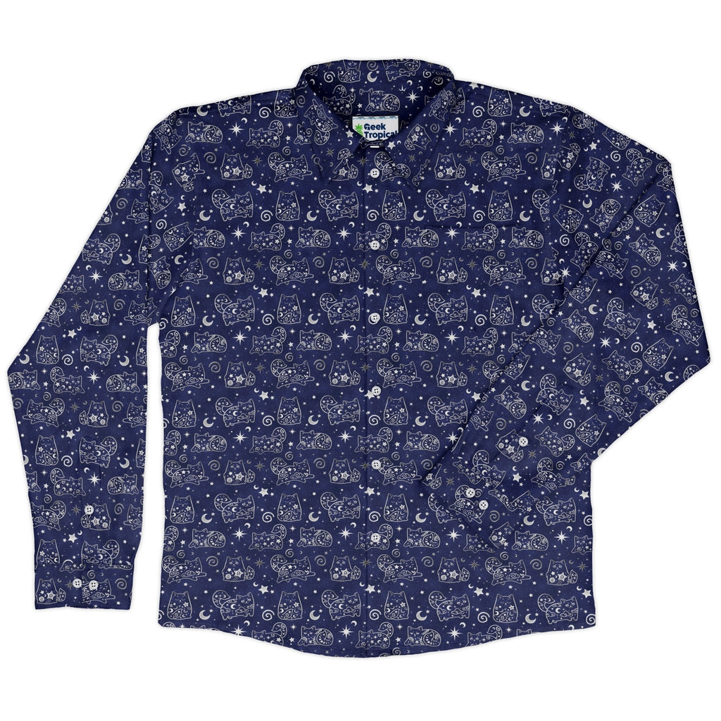 Star Cats Long Sleeve Button Up Shirt Geek Nerd adult sizing Animal Patterns Design By Brigid Ashwood