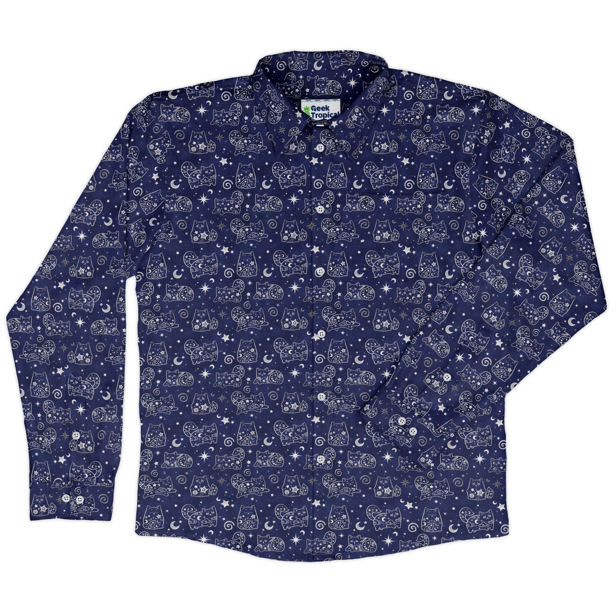 Star Cats Long Sleeve Button Up Shirt Geek Nerd adult sizing Animal Patterns Design By Brigid Ashwood
